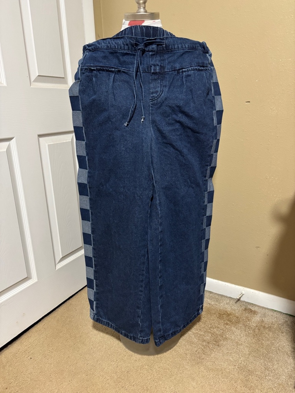Source Unknown Dark Blue Wide Leg Pants with Checker Side Panels